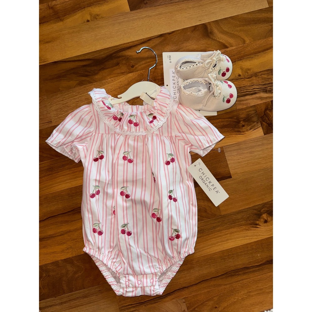 Chickpea Romper Set Baby 6-9M Pink Stripe NWT Cherry Embroidered Organic Cotton